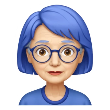 old lady with cobalt hair, wearing glasses, slight curl short hair, long face sticker