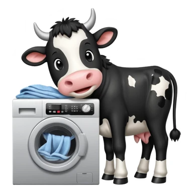 cartoon Friesian cow loading laundry into a washing machine sticker