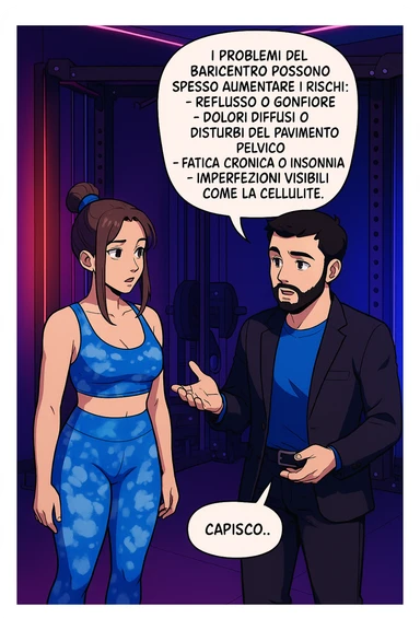 TRASFORMA QUESTO CAROSELLO IN UN FUMETTO STILE WEBTOON/MANGA A COLORI CON QUESTE DUE PERSONE IDENTICHE CHE INTERLOQUISCONO TRA LORO, L'uomo sta spiegando alla donna questo concetto:

Se hai un problema di baricentro, inoltre, non dovresti preoccuparti solo del reflusso e del gonfiore addominale, ma anche di un aumentato rischio di:
    • dolori e rigidità diffuse
    • disturbi pavimento pelvico
    • stanchezza cronica o insonnia
    • inestetismi visibili, come celluluite
    • etc… sticker