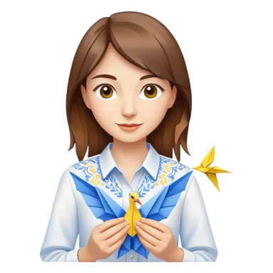 A happy Ukrainian young girl with brown hair in a white embroidered shirt makes an origami of a yellow and blue crane sticker