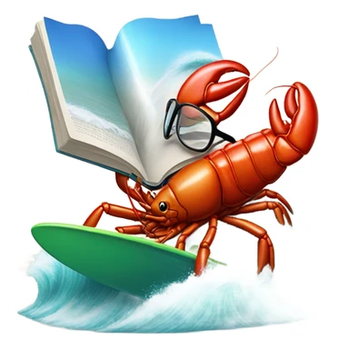 A lobster with glasses, reading fine literature as he is surfing on a surfboard, riding a huge tidal wave  sticker