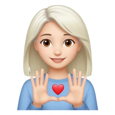 Beautiful girl. Platinum-colored hair just below the shoulders, straight, brown eyes, sweet smile. Hands in the shape of a heart.  sticker