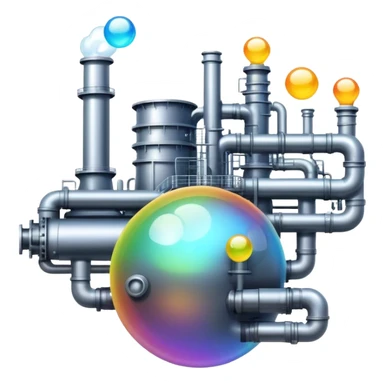 An emoji of a factory, but instead of smoke, creative ideas are coming out as glowing bubbles. sticker