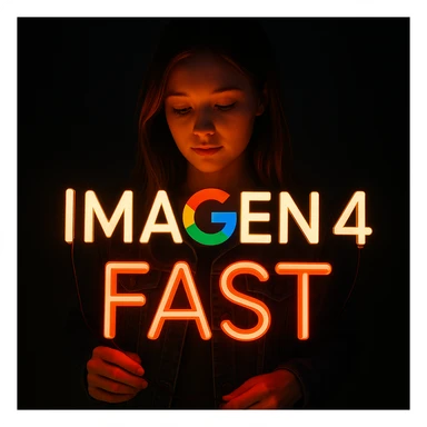 make a girl holding this sign, but sign in made of neon, also add fast below the sign sticker