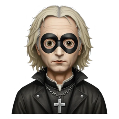 cinematic ultra HD portrait of Joel-Peter Witkin,  he wears a small black mask, a small crucifix is ​​sewn onto the black mask between the eyes of the portrait, he wears a worn leather coat and very disheveled hair sticker