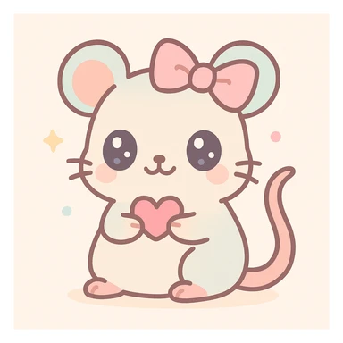 a coquette rat, holding a tiny heart, with big eyes and a ribbon, kawaii style sticker