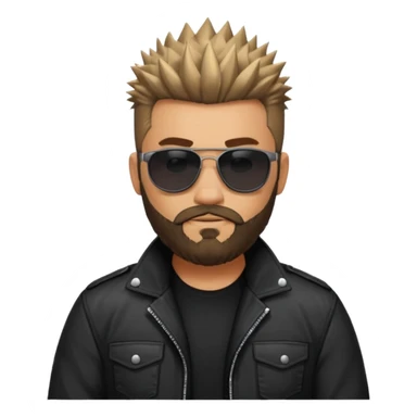 biker gang with black sunglass and rugged and bulky guy bearded spicks hair black jacket sticker