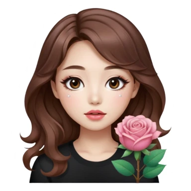 “korean brown hair Emoji girl, soft eyeliner, gradient rose lips, light brown shimmer eyeshadow, sparkly aegyo-sal, long wavy hair,  sticker