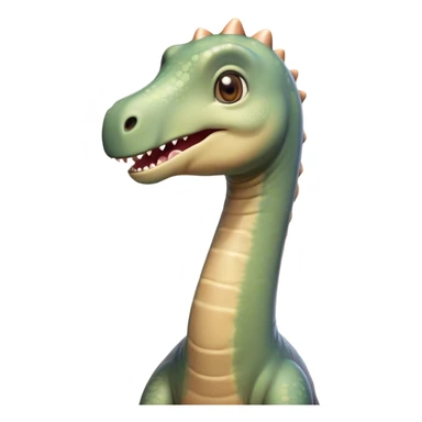 Cinematic Cute Brachiosaurus Portrait Emoji, Head tilted playfully with a warm, endearing smile, featuring a diminutive, almost whimsical head atop an impressively long neck and a sturdy, gentle body, adorned in soft, pastel earthy hues, Simplified yet irresistibly adorable features, highly detailed, glowing with a tender, inviting glow, high shine, affectionate and lively, stylized with a touch of prehistoric whimsy, soft glowing outline, capturing the essence of a playful Brachiosaurus that seems as if it could amble out of the screen into your arms! sticker