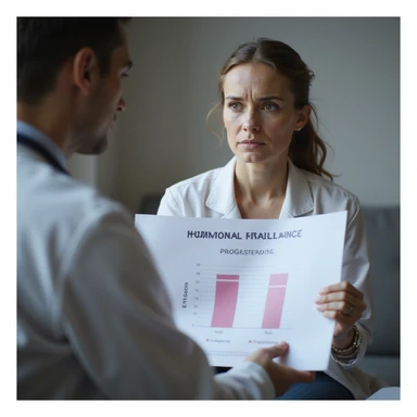 hyperrealistic 4K image of a woman with hormonal imbalance sitting in front of a doctor showing a chart with altered estrogen and progesterone levels, labels 'Estrogeni' and 'Progesterone' clearly visible, serious expression sticker