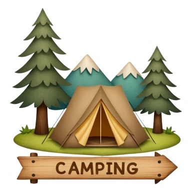 Wooden Camping sign made of felt texture, scrapbooking style, transparent background sticker