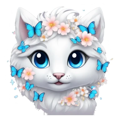 Edgy Cute Cool Kawaii gorgeous sparkly ethereal white fantasy animal with blue eyes sona with flowers and butterflies sticker