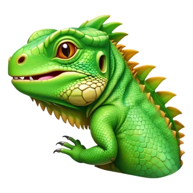 Cinematic Realistic Cute Iguana Portrait Emoji, Head tilted playfully and inquisitively, featuring a compact, agile build with a glossy, intricately scaled body in vivid green hues and a characteristically expressive face with bright, curious amber eyes, rendered in lifelike detail with natural highlights, high shine, affectionate and lively, styled with a touch of tropical whimsy, soft glowing outline, capturing the essence of a mischievous yet lovable iguana that seems poised to scurry out of the screen into your arms! sticker