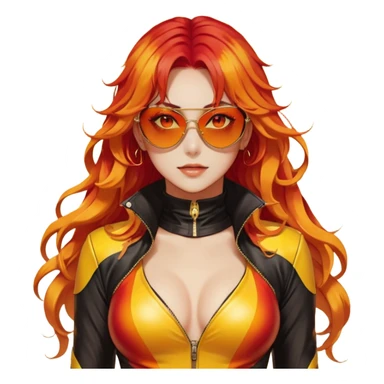 Beautiful gorgeous anime lady with beautiful fiery long warm-red-orange-yellow-gradient-wavy-special-hair, fashion aesthetic, slim red-tinted-sunglasses, accessories, gold jewelries, red-and-yellow sunny-pattern-eyes, black latex-suit, biker-woman, cool, badass, gold-sun-shaped-earrings sticker