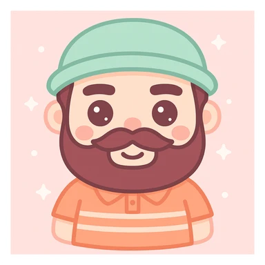 Make the character resemble the man in the reference photo more closely, focusing on facial features, eyebrows, beard and mustache shape, hat, and shirt details. Use a kawaii style that is cute and detailed. sticker