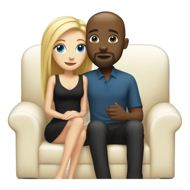 Blonde woman with blue eyes and long straight hair wearing a short black dress and a black man who is bald with a goatee seated together on a sofa enjoying a loving kiss.   sticker