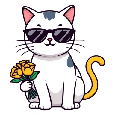 cat wearing sunglasses holding a bouquet of flowers sticker
