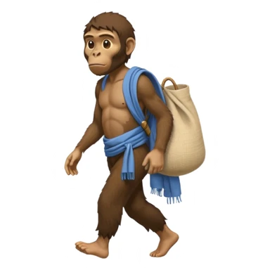 Draw an Australopithecus walking like a nomad, carrying a cloth bundle over its shoulder, in a cute flat iPhone emoji style sticker