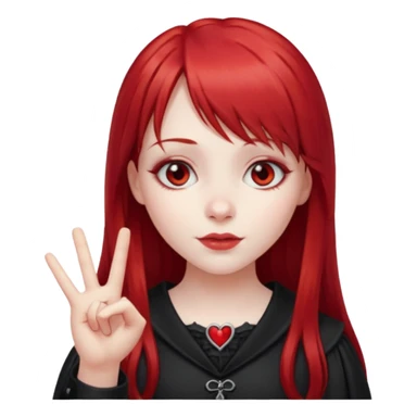a gothic girl with long red hair and bangs holding a lucky sign sticker