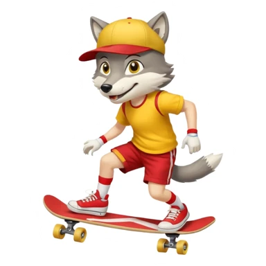 A gray wolf with large, expressive eyes and a friendly smile. The gray wolf is wearing a bright yellow T-shirt, red shorts, white knee socks, and sneakers. The baseball cap is on backwards. The wolf is preparing to perform a skateboarding trick. sticker