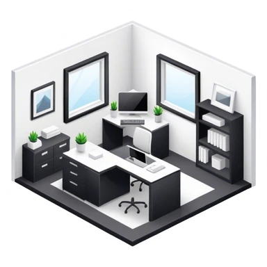 An isometric 3D room with two white walls that meet at the back left and right and a single Window. Black and White Home Office Room sticker