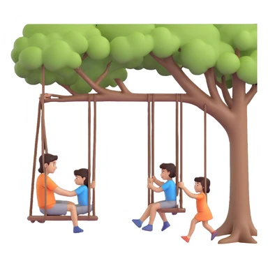 A person pushing a swing with a child sitting on it, outdoors, under a tree, in daylight. The swing is moving back and forth. Focus on the motion of swinging and the person gently pushing it sticker