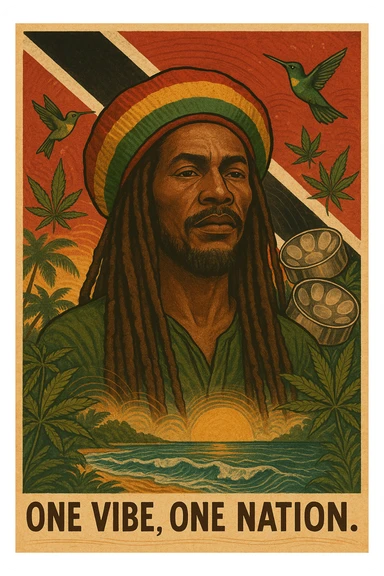 Create a vibrant digital illustration in vintage poster style featuring a proud Trinidadian Rasta man with long dreadlocks and a bold red, gold, and green tam. The background should incorporate the Trinidad and Tobago flag in a stylized, textured way — using deep red, black, and white tones that blend with tropical elements. Surround the figure with iconic cultural symbols like steelpan drums, ganja leaves, and hummingbirds in flight. Add warm Caribbean sunlight, ocean waves, and lush greenery to enhance the island energy. The Rasta man should radiate peace, power, and island wisdom — with bold facial features, calm expression, and a sense of spiritual presence. The overall tone should be rootsy, regal, and rich with island soul — merging reggae culture with Trinidadian pride. Optional accents: subtle soca rhythm lines in the background or a quote like “One Vibe, One Nation.” sticker