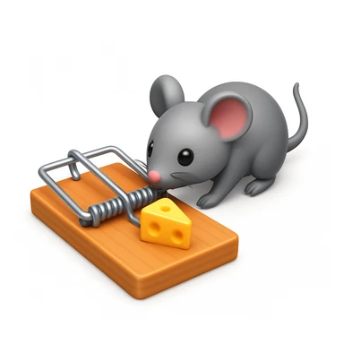 A 3D emoji in iOS emoji aesthetic style of a small mousetrap on a wooden base with a tiny gray mouse approaching a small piece of yellow cheese on it, minimal white background, bright lighting, clean and glossy Apple-style design sticker
