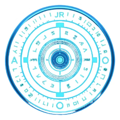 A circular blue holographic interface made of concentric rings, glowing tick marks, and data arcs, with the text “J.A.R.V.I.S.” centered, resembling a futuristic digital HUD floating in space. sticker