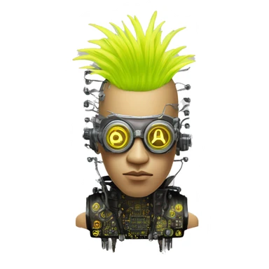 Neon yellow Mohawk hair Asian male cyborg head with silver steampunk goggles and circuits sticker