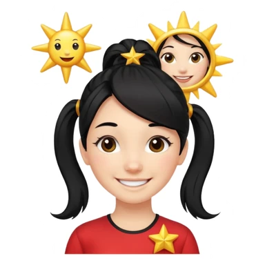 An Emoji of girl with black ponytail hair, who can be described by three words: sun, moo, star sticker