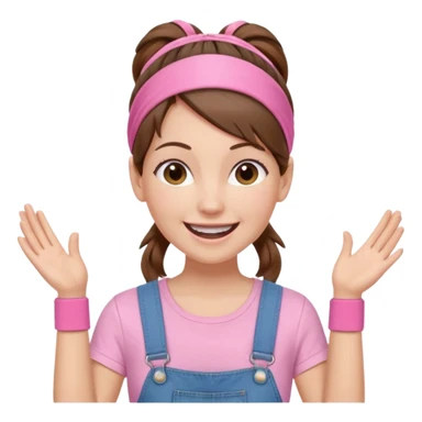 white woman with brown hair  tied together with one elastic pony tail. wearing a light pink thin width headband, Has a pink t-shirt with denim overalls. enthusiastic expression with big smile sticker