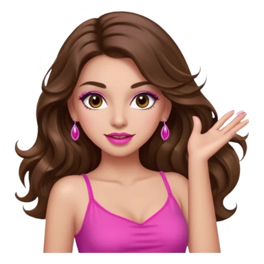 girl with long wavy brown hair, brown eyes, long lashes makeup, sexy pink lips, light to medium complexion, pink sexy top, dancing sticker