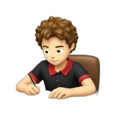 Caucasian-boy-child-shaggy-brown-hair-red-polo-shirt-black-trousers-doing-homework sticker