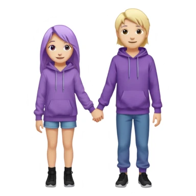 full-length happy couple, girl with long purple hair and gray eyes in lilac hoodie, boy with blonde hair in black hoodie sticker