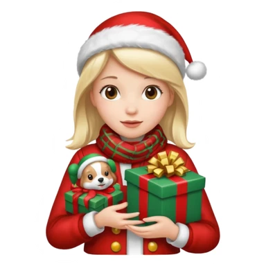 a girl wearing a chirstmas jacket and scarf and holding a christmas gift sticker