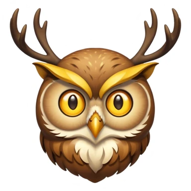 Emoji chouette perchée brun clair, yeux jaunes brillants,bois de cerf imposants sur la tête, sagesse et puissance. Avec majesté sticker