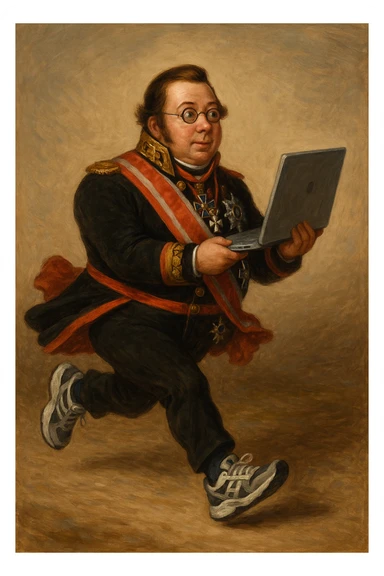 Павел Николаевич Демидов в своем костюме но при этом в кроссовка но с ноутбуком в руках бежит вперед, рисованный стиль sticker