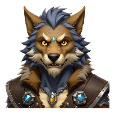 Cinematic Realistic WoW Worgen Portrait, head tilted epicly and inquisitively, showcasing the striking fusion of human intellect and beastly ferocity. His rugged fur and tanned skin, accented by piercing amber eyes and meticulously rendered worn leather garments, are bathed in dynamic lighting, high shine, epic and awe-inspiring, capturing the relentless spirit of a worgen at the apex of his power. sticker