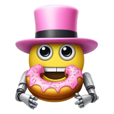 Robot wearing a pink bowler hat with a donut sticker