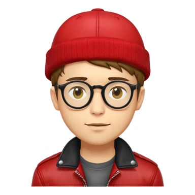 con trai 20 tuổi, da vàng, tóc ngắn màu nâu, đội mũ màu đỏ, đeo kính màu đen, khoác áo da màu đỏ, nụ cười nhếch mép, 1 mắt nhắm lại sticker