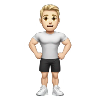amazed In shock Open with surprise mouth Pale skinned Fit Man With the biceps and dark brown hair in black shirt, gray sports shorts and white Sneakers sticker
