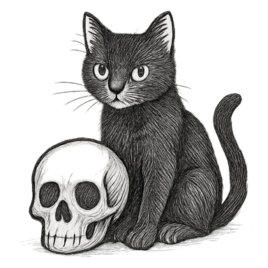 Make the black cat more detailed while keeping the hand-drawn sketch line art style, with no background. sticker