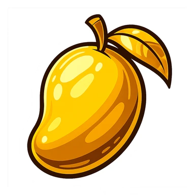 A mango made out of solid gold, cartoonish and vibrant, with exaggerated features sticker