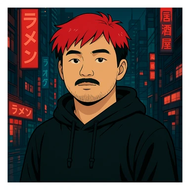 Asian man with a bit round face, less mustache, and a bit of beard, red hair, black hoodie, Japanese cyberpunk anime style, futuristic city background sticker