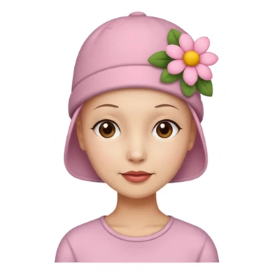 Woman with no hair wearing a cute hat with a flower on it sticker