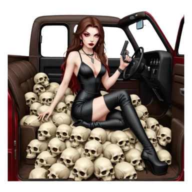 Lilith red eye seductress evil long brown haired sexy succubus woman with leather long seductive dress on, sitting in Big Large F350 pickup truck. Wearing super tall black platform high heels, Back seat full of stacks of cash, she is  Holding a human skull of her enemies and a gun in other hand sticker