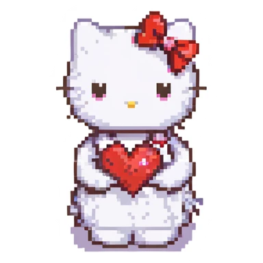 Hello Kitty holding a heart, white cat, red bow, small heart sticker