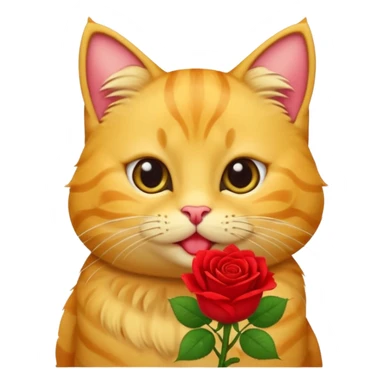 Cute emoji-style yellow tabby cat holding a red rose in its mouth, big round eyes, fluffy fur, clean mascot style, centered, transparent background, 1:1 ratio. sticker