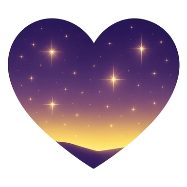 Modify the heart with a night sky gradient to a yellow night theme with a purple gradient, more stars, and a soft glow. Remove the background entirely  sticker